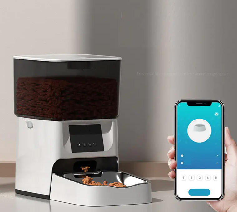 Automated pet food dispenser that controls portions, schedules meals, and allows remote feeding for pets.