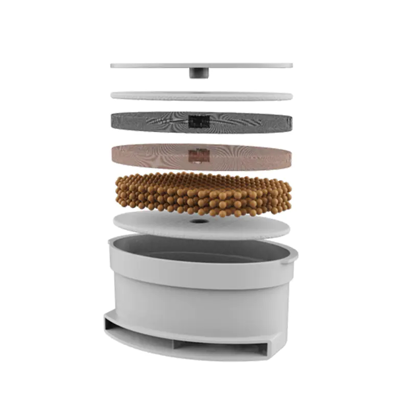 Exploded view of a pet water fountain filter system, showing layered filtration components.