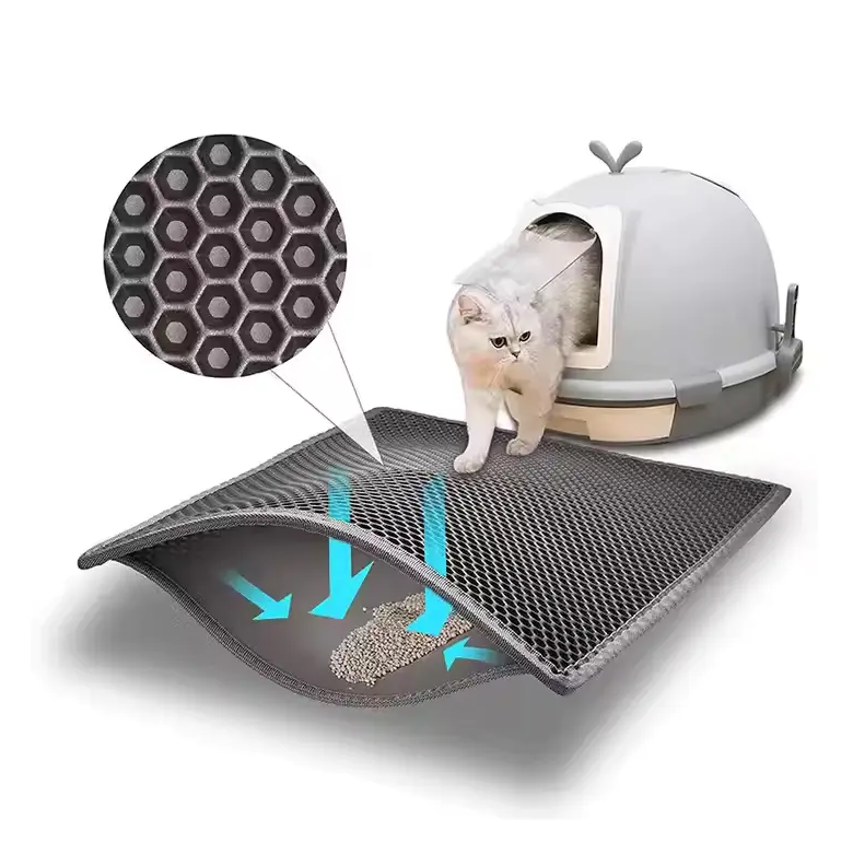 Double-layer honeycomb cat litter trapping mat with enclosed litter box, for automatic litter cleaning.