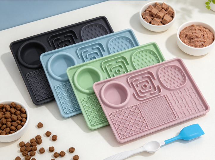 Slow feeder pet bowl displayed with dog food wet food measuring spoon and cleaning brush on clean table, practical design for daily meal organization.