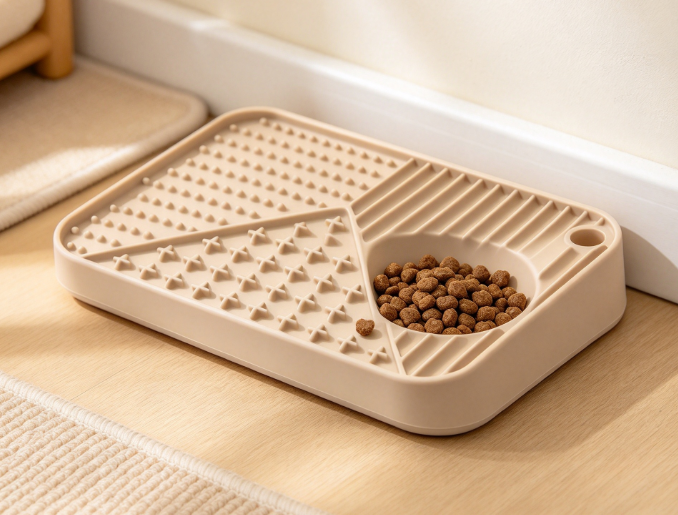 Slow eating pet bowl with kibble in a realistic home feeding setting, suitable for daily use and better feeding control.